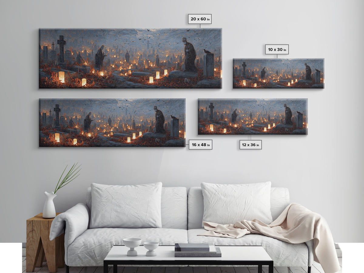 The Cemetery Lantern Festival, Surreal Apocalyptic Art, Extra Wide Wall Art, Gothic Horror Wall Art, Canvas Print, Halloween Decor
