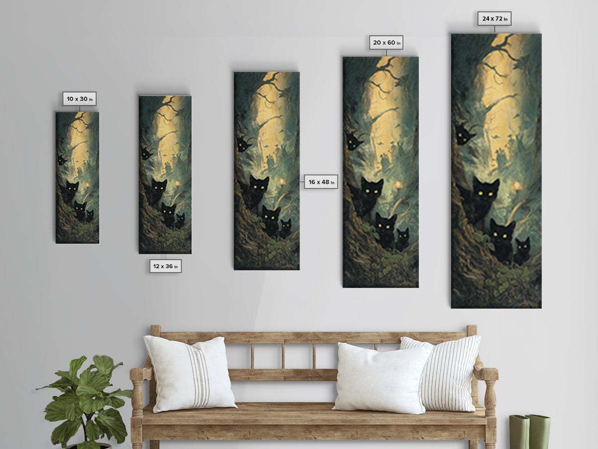The Black Cat Gathering, Gothic Engraving Art, Tall Narrow Wall Art, Gothic Horror Wall Art, Framed Canvas Print, Halloween Wall Art