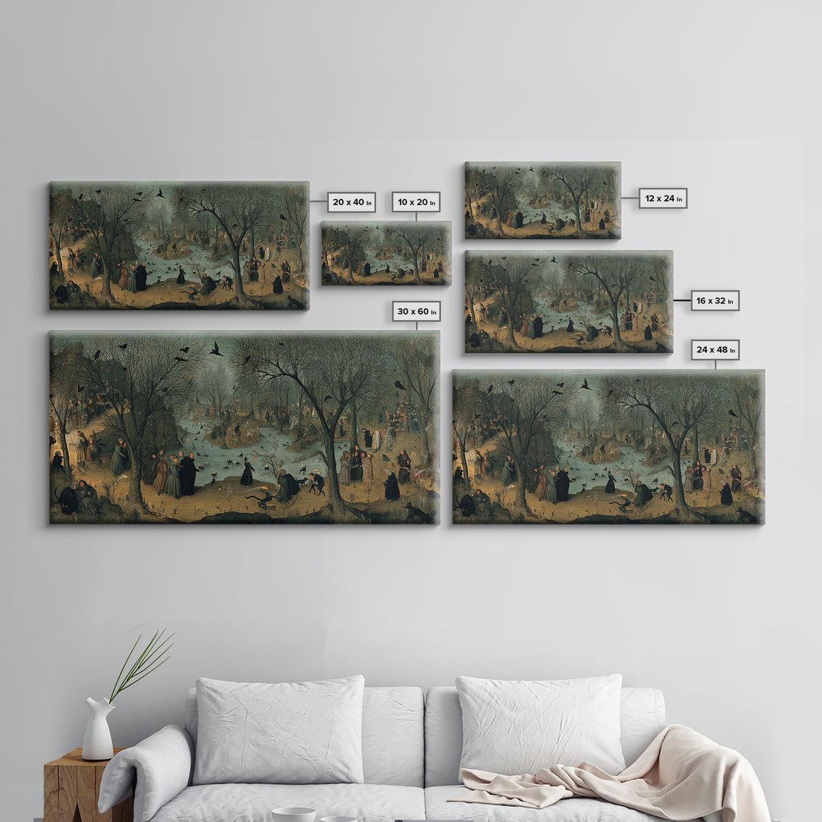 The Black Cat Gathering, Northern Renaissance Horror, Wide Panoramic Art, Gothic Horror Wall Art, Framed Canvas Print