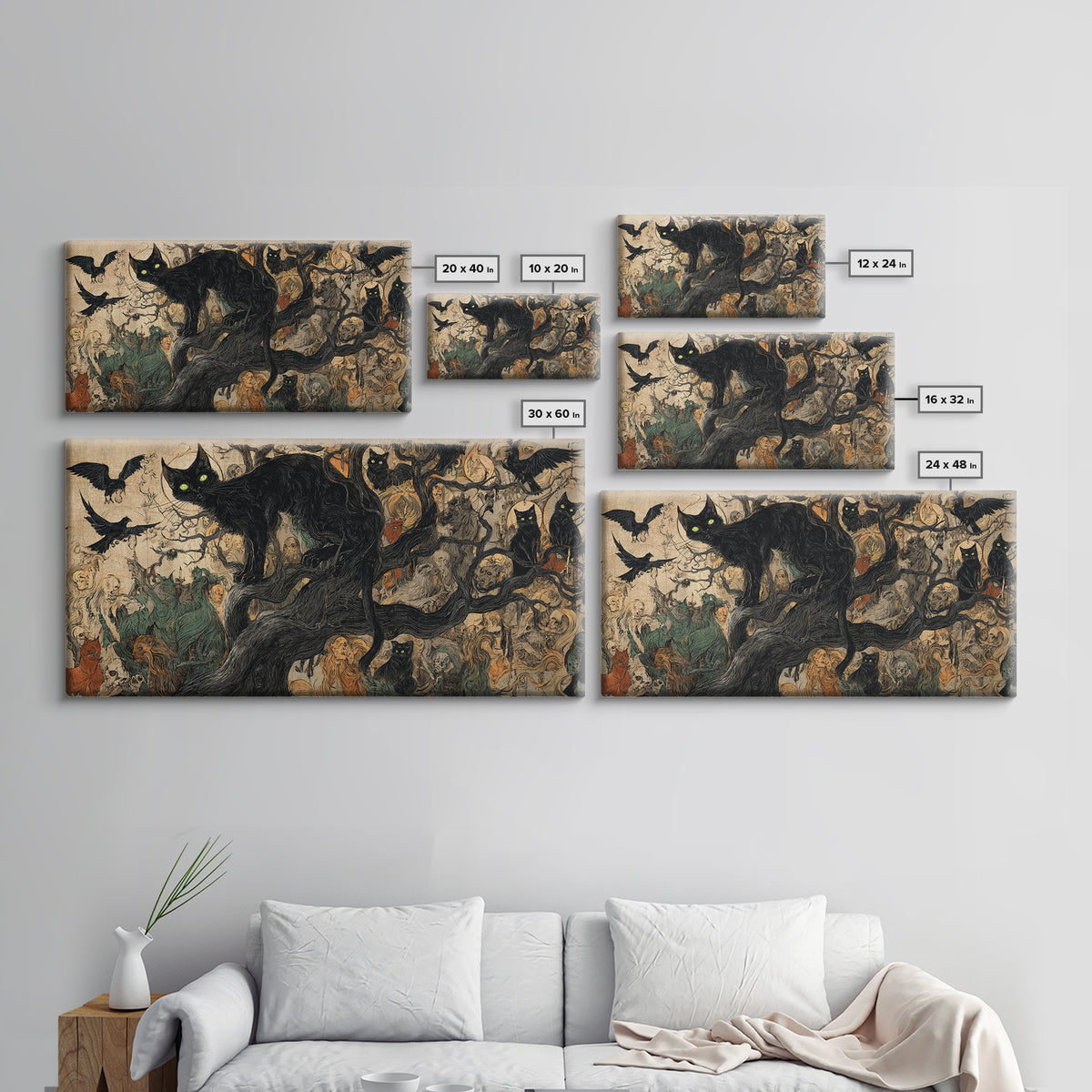 The Black Cat Gathering, Dark Renaissance Art, Wide Panoramic Art, Dark Halloween Decor, Canvas Print, Halloween Wall Art