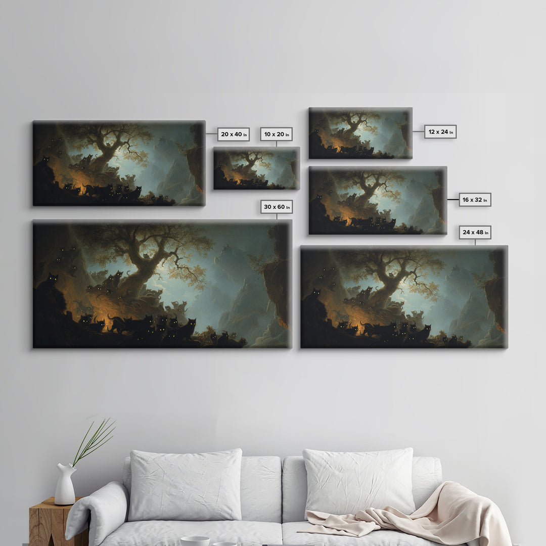 The Black Cat Gathering, Baroque Witchcraft Art, Wide Panoramic Art, Dark Fantasy Wall Art, Framed Canvas Print, Halloween Wall Art