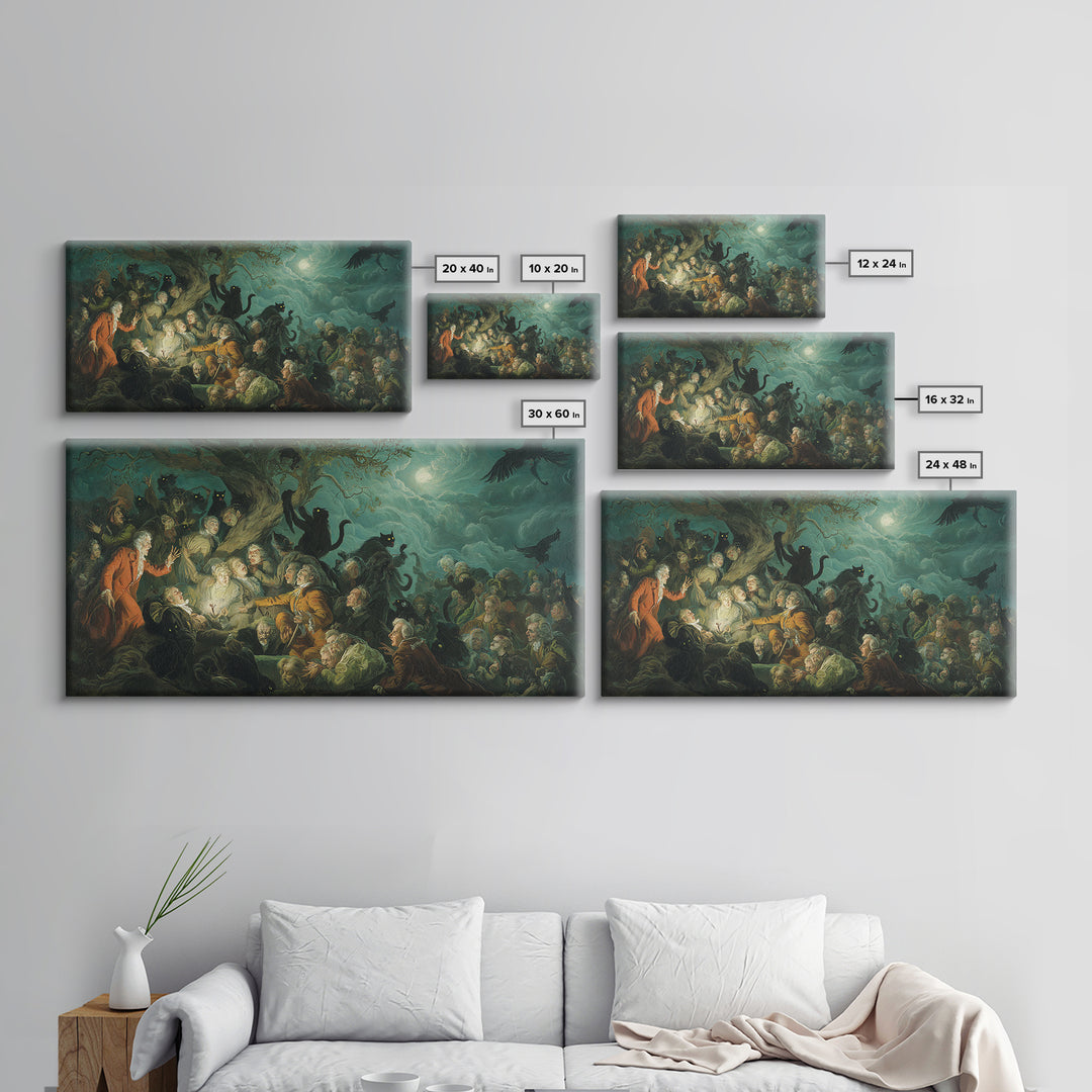 The Black Cat Gathering, Gothic Nightmare Art, Wide Panoramic Art, Macabre Wall Art, Canvas Print, Halloween Wall Art