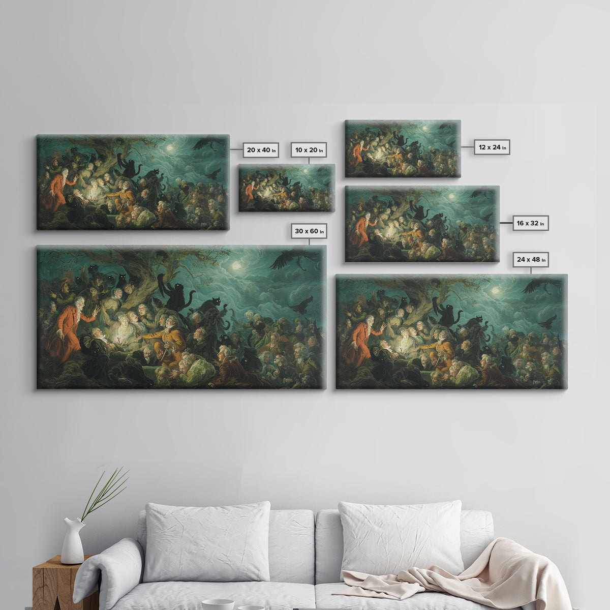 The Black Cat Gathering, Gothic Nightmare Art, Wide Panoramic Art, Macabre Wall Art, Canvas Print, Halloween Wall Art