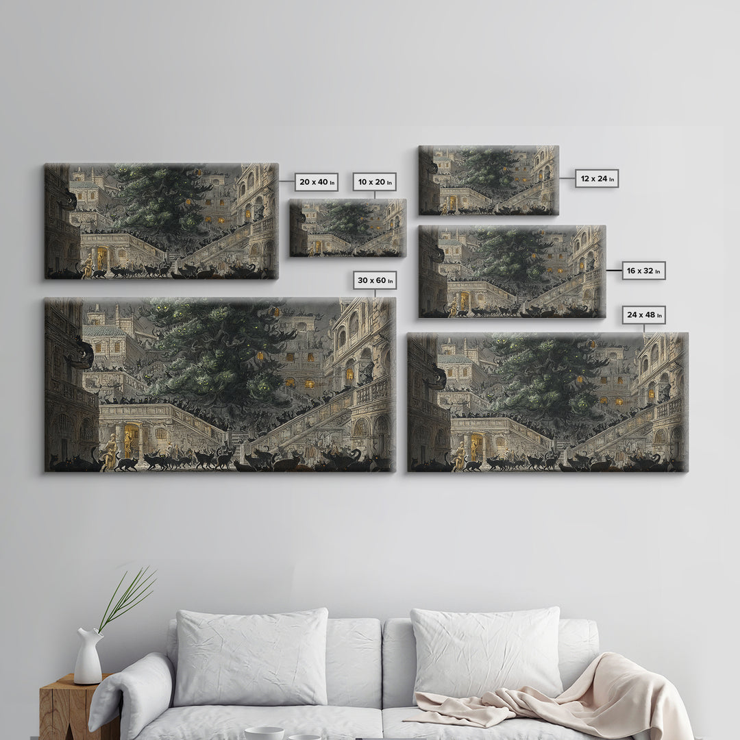 The Black Cat Gathering, Architectural Etching Art, Wide Panoramic Art, Macabre Wall Art, Canvas Print, Halloween Wall Art