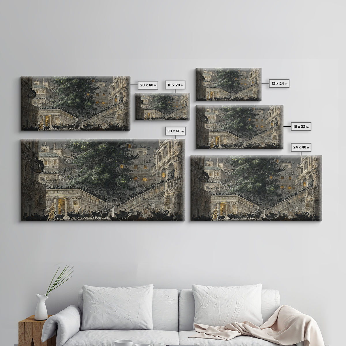 The Black Cat Gathering, Architectural Etching Art, Wide Panoramic Art, Macabre Wall Art, Canvas Print, Halloween Wall Art