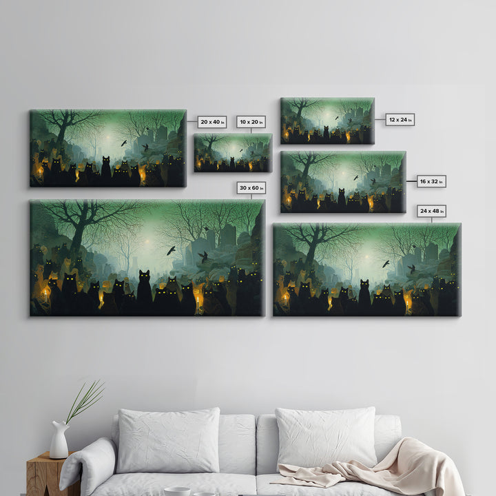 The Black Cat Gathering, Romantic Gothic Landscape, Wide Panoramic Art, Dark Fantasy Wall Art, Canvas Print, Halloween Wall Art