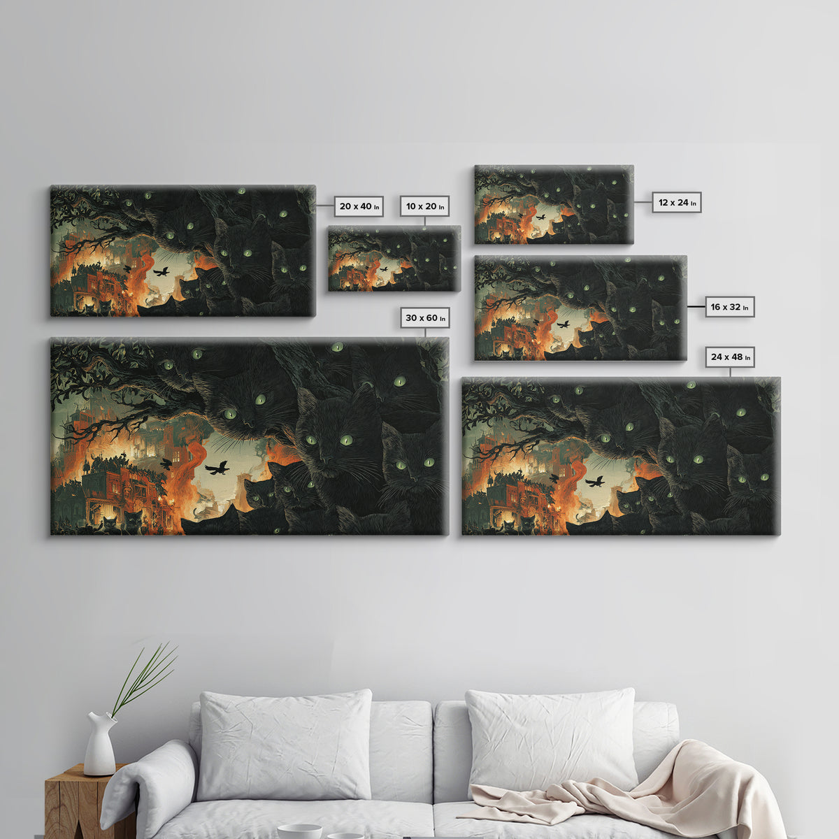 The Black Cat Gathering, Apocalyptic Romantic Art, Wide Panoramic Art, Macabre Wall Art, Framed Canvas Print, Halloween Wall Art