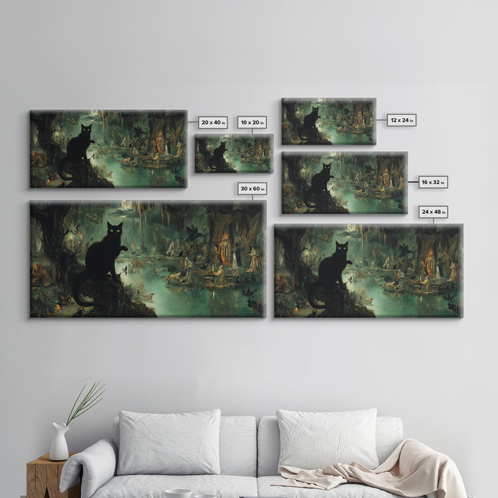 The Black Cat Gathering, Symbolist Gothic Landscape, Wide Panoramic Art, Dark Fantasy Wall Art, Framed Canvas Print, Halloween Wall Art