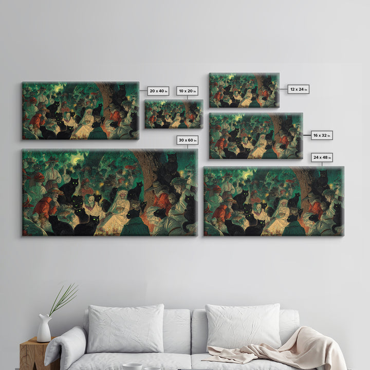 The Black Cat Gathering, Decadent Gothic Art, Wide Panoramic Art, Gothic Horror Wall Art, Canvas Print, Halloween Wall Art