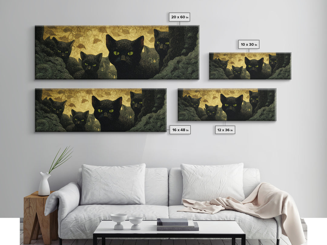 The Black Cat Gathering, Dark Symbolist Art, Extra Wide Wall Art, Dark Fantasy Wall Art, Canvas Print, Halloween Wall Art