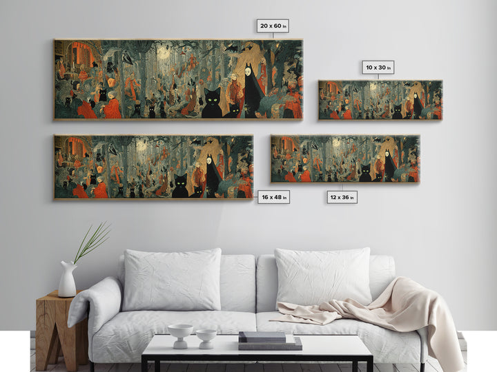 The Black Cat Gathering, Symbolist Etching Art, Extra Wide Wall Art, Macabre Wall Art, Canvas Print, Halloween Wall Art