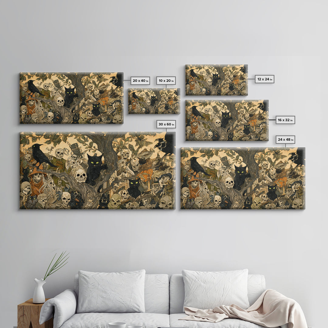 The Black Cat Gathering, Grotesque Carnival Art, Wide Panoramic Art, Dark Halloween Decor, Framed Canvas Print, Halloween Wall Art