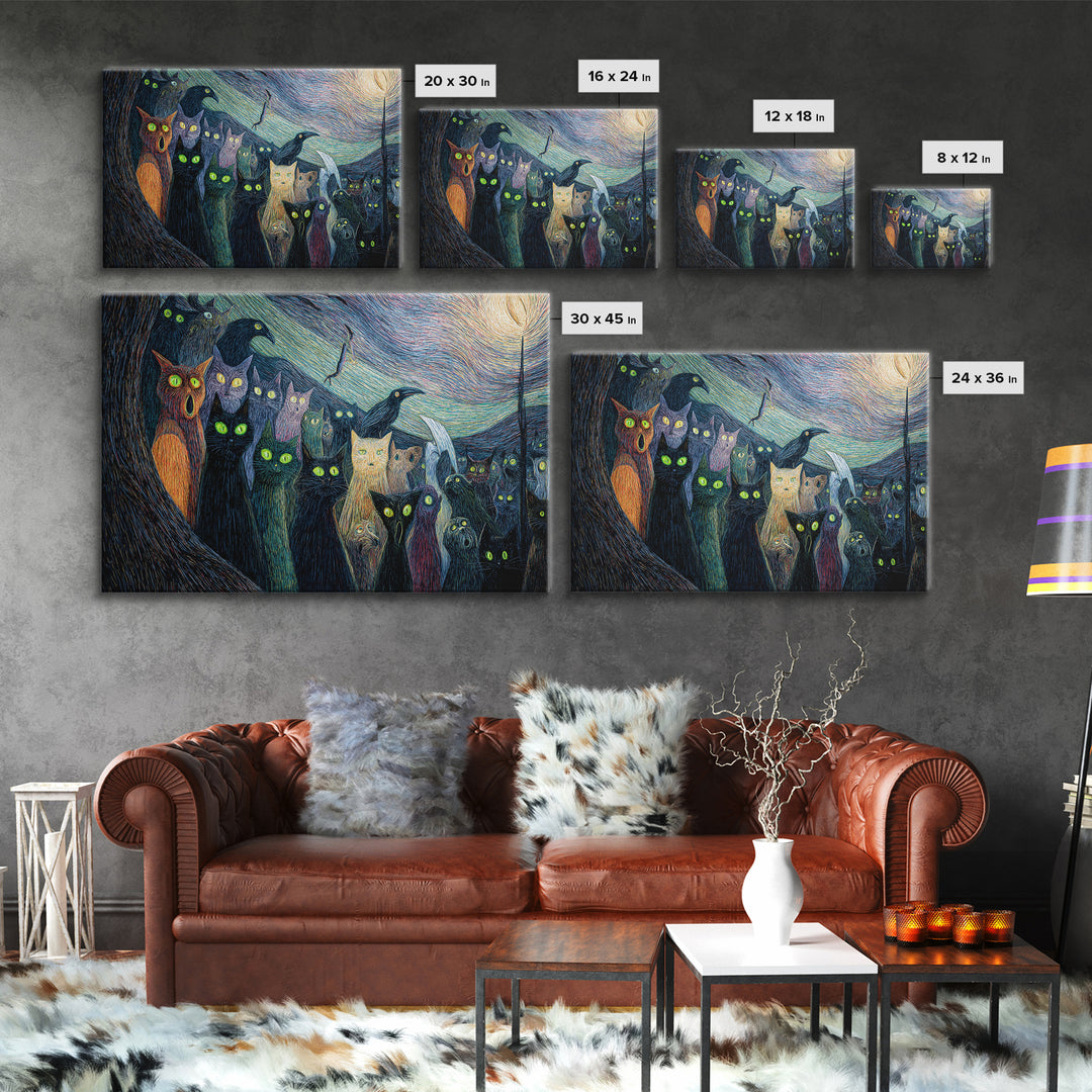 The Black Cat Gathering, Expressionist Gothic Art, Landscape Wall Art, Dark Halloween Decor, Canvas Print, Halloween Wall Art