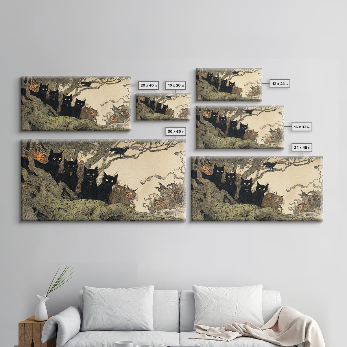 The Black Cat Gathering, Gothic Storybook Art, Wide Panoramic Art, Dark Halloween Decor, Framed Canvas Print, Halloween Wall Art