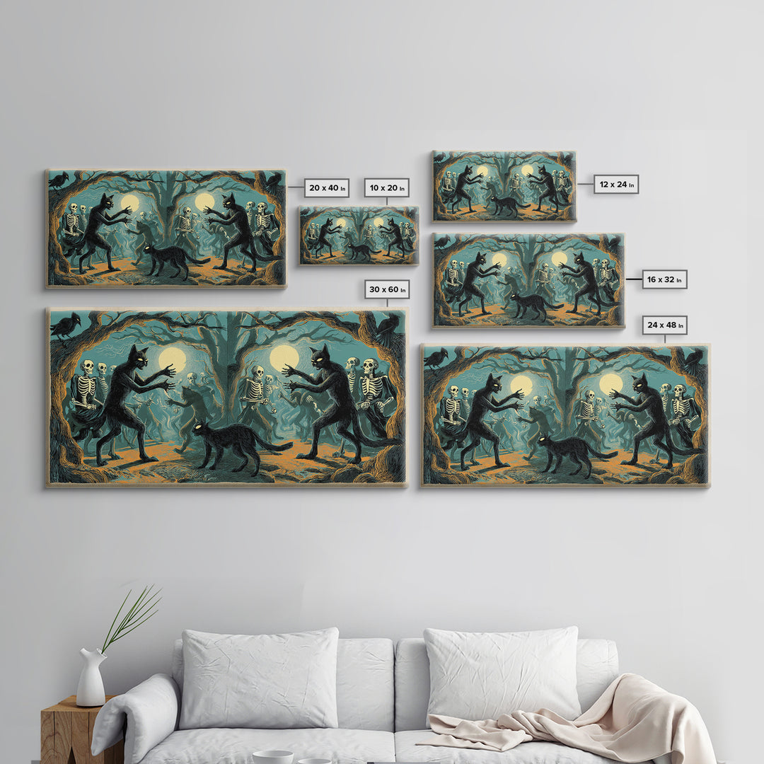 The Black Cat Gathering, Macabre Folk Print Art, Wide Panoramic Art, Macabre Wall Art, Framed Canvas Print, Halloween Wall Art