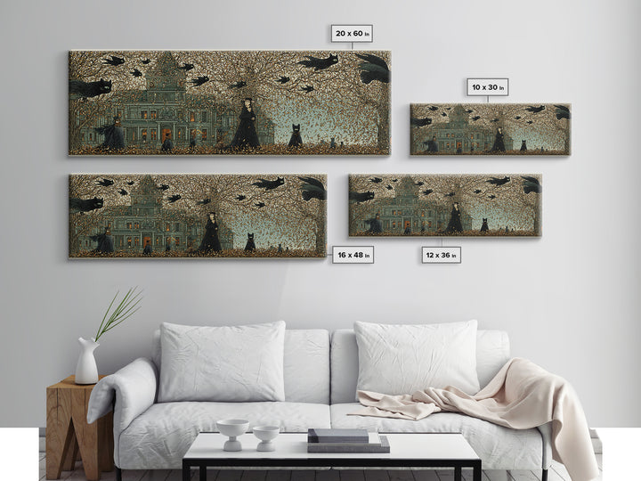 The Black Cat Gathering, Victorian Macabre Art, Extra Wide Wall Art, Dark Halloween Decor, Canvas Print, Halloween Wall Art