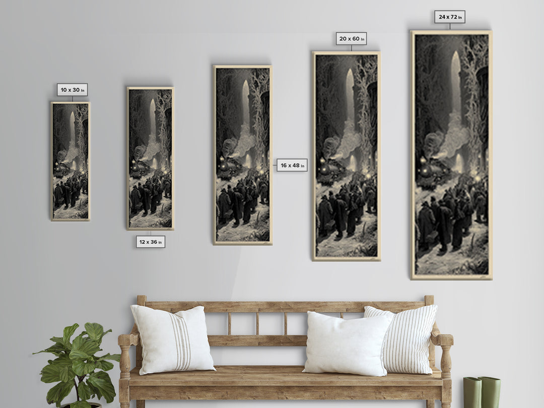 The Ghost Train Arrival, Gothic Engraving Art, Tall Narrow Wall Art, Dark Fantasy Wall Art, Canvas Print, Halloween Wall Art