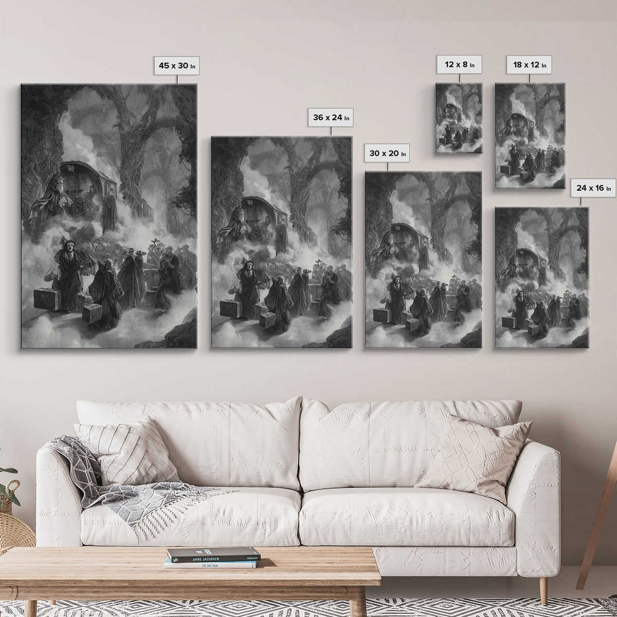 The Ghost Train Arrival, Baroque Witchcraft Art, Vertical Wall Art, Dark Halloween Decor, Canvas Print, Halloween Wall Art