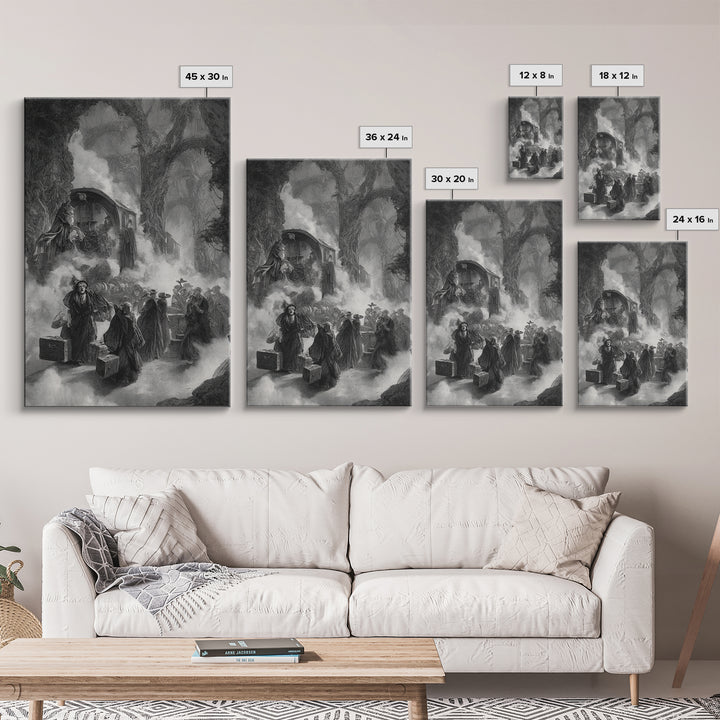The Ghost Train Arrival, Baroque Witchcraft Art, Vertical Wall Art, Dark Halloween Decor, Canvas Print, Halloween Wall Art