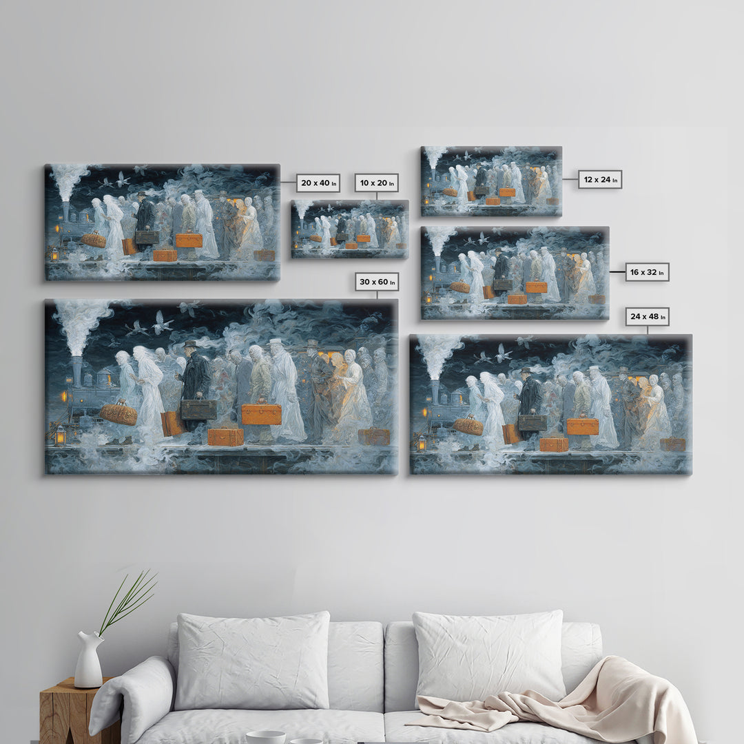 The Ghost Train Arrival, Visionary Gothic Art, Wide Panoramic Art, Dark Halloween Decor, Canvas Print, Halloween Wall Art