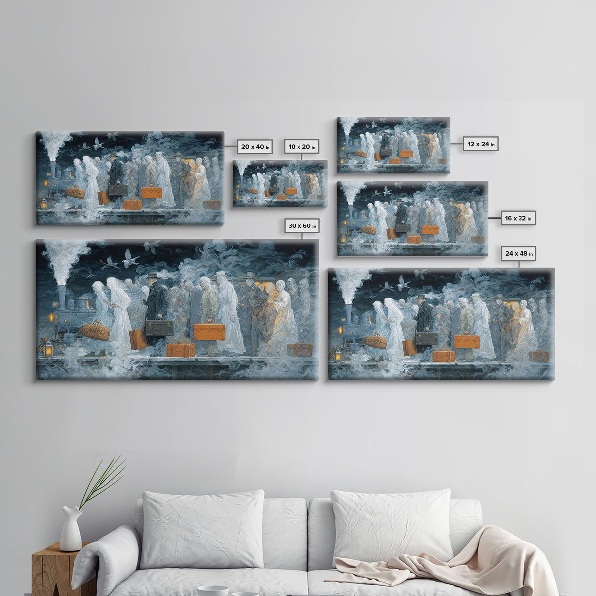 The Ghost Train Arrival, Visionary Gothic Art, Wide Panoramic Art, Dark Halloween Decor, Canvas Print, Halloween Wall Art