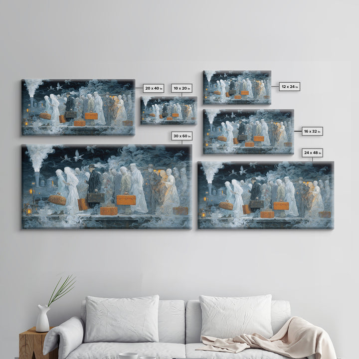 The Ghost Train Arrival, Visionary Gothic Art, Wide Panoramic Art, Dark Halloween Decor, Canvas Print, Halloween Wall Art
