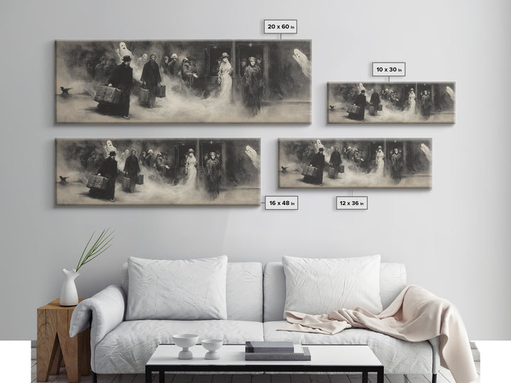 The Ghost Train Arrival, Symbolist Dream Art, Extra Wide Wall Art, Dark Halloween Decor, Canvas Print, Halloween Wall Art