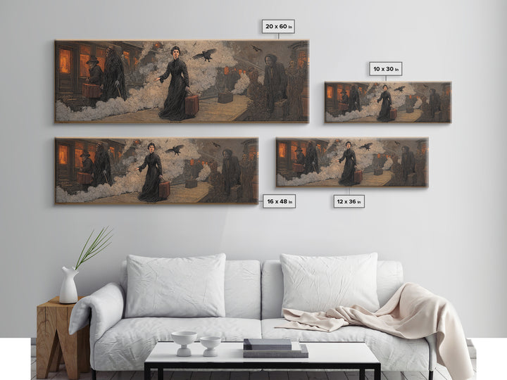 The Ghost Train Arrival, Symbolist Etching Art, Extra Wide Wall Art, Dark Fantasy Wall Art, Framed Canvas Print, Halloween Wall Art