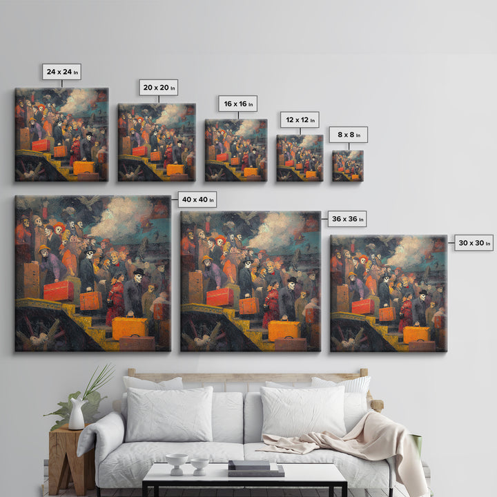 The Ghost Train Arrival, Grotesque Carnival Art, Square Wall Art, Macabre Wall Art, Framed Canvas Print, Halloween Wall Art