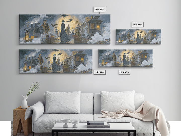 The Ghost Train Arrival, Expressionist Gothic Art, Extra Wide Wall Art, Dark Halloween Decor, Canvas Print, Halloween Wall Art