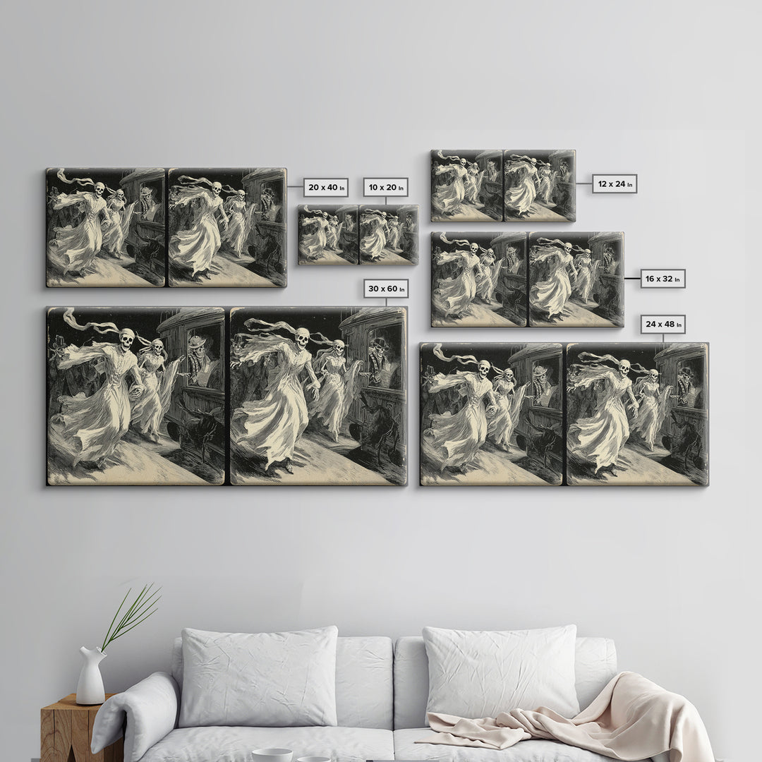 The Ghost Train Arrival, Macabre Folk Print Art, Wide Panoramic Art, Dark Fantasy Wall Art, Framed Canvas Print