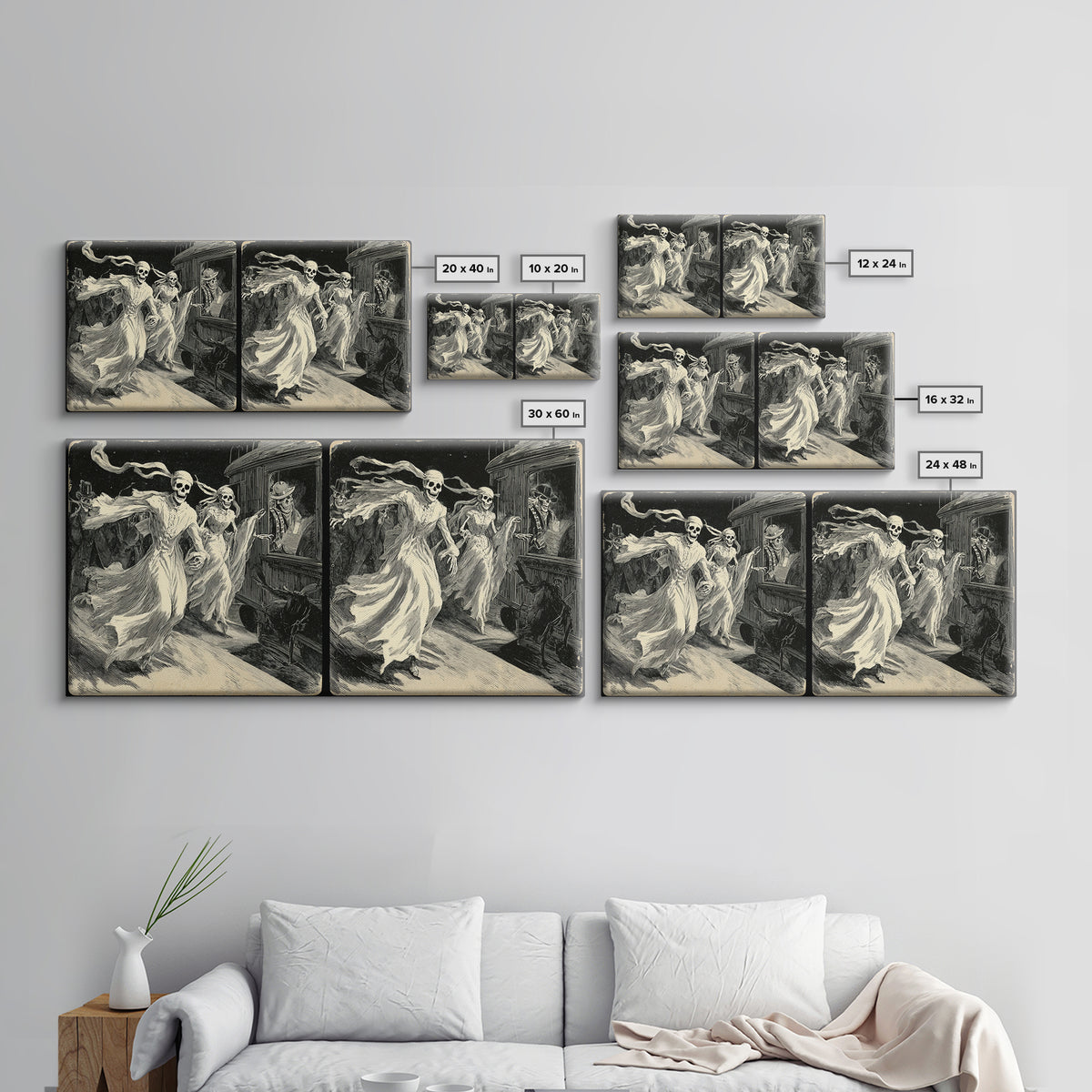 The Ghost Train Arrival, Macabre Folk Print Art, Wide Panoramic Art, Dark Fantasy Wall Art, Framed Canvas Print