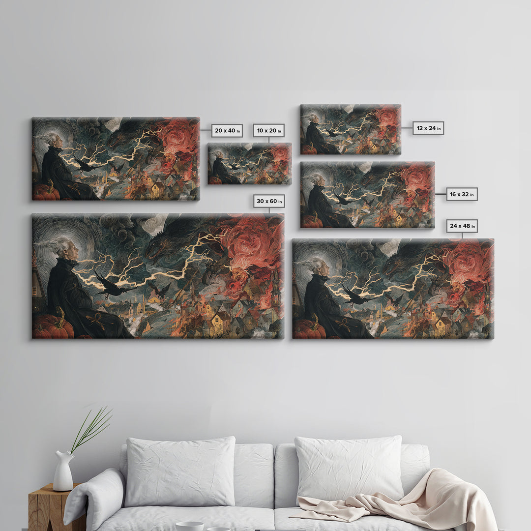The Halloween Storm, Dark Renaissance Art, Wide Panoramic Art, Dark Fantasy Wall Art, Framed Canvas Print, Halloween Wall Art