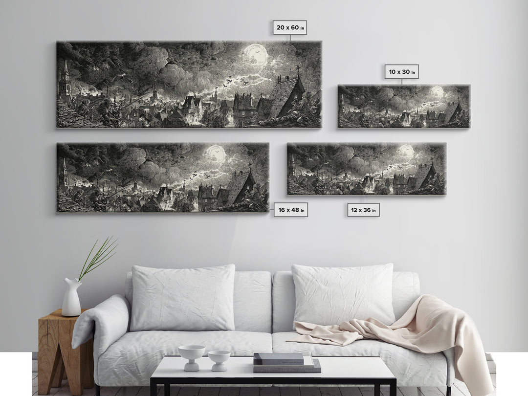 The Halloween Storm, Renaissance Engraving Art, Extra Wide Wall Art, Dark Fantasy Wall Art, Canvas Print, Halloween Wall Art