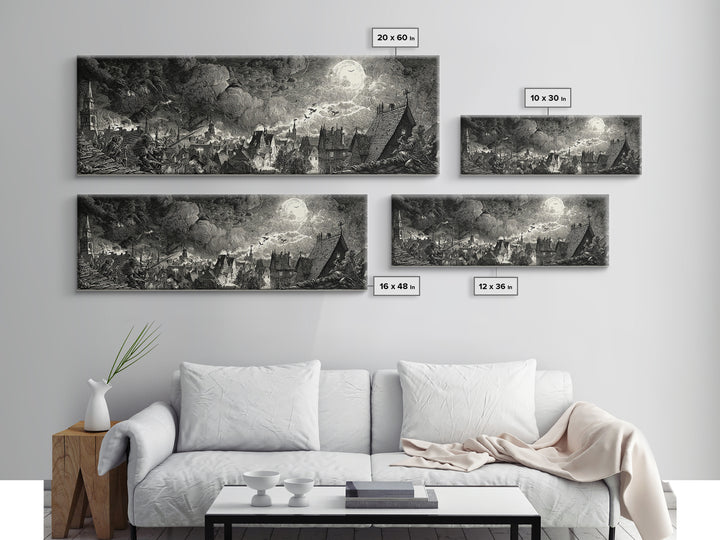 The Halloween Storm, Renaissance Engraving Art, Extra Wide Wall Art, Dark Fantasy Wall Art, Canvas Print, Halloween Wall Art