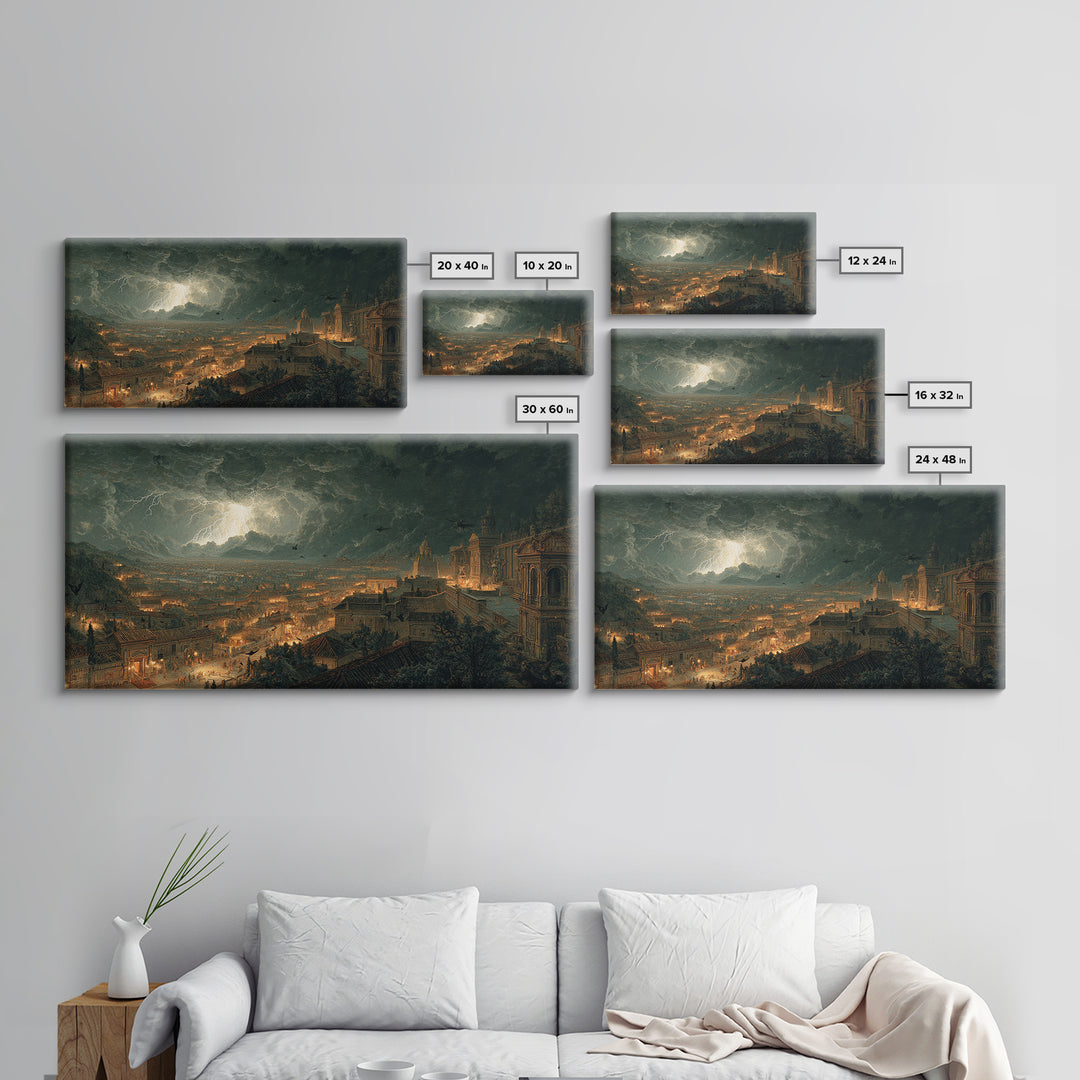 The Halloween Storm, Architectural Etching Art, Wide Panoramic Art, Dark Halloween Decor, Canvas Print, Halloween Wall Art