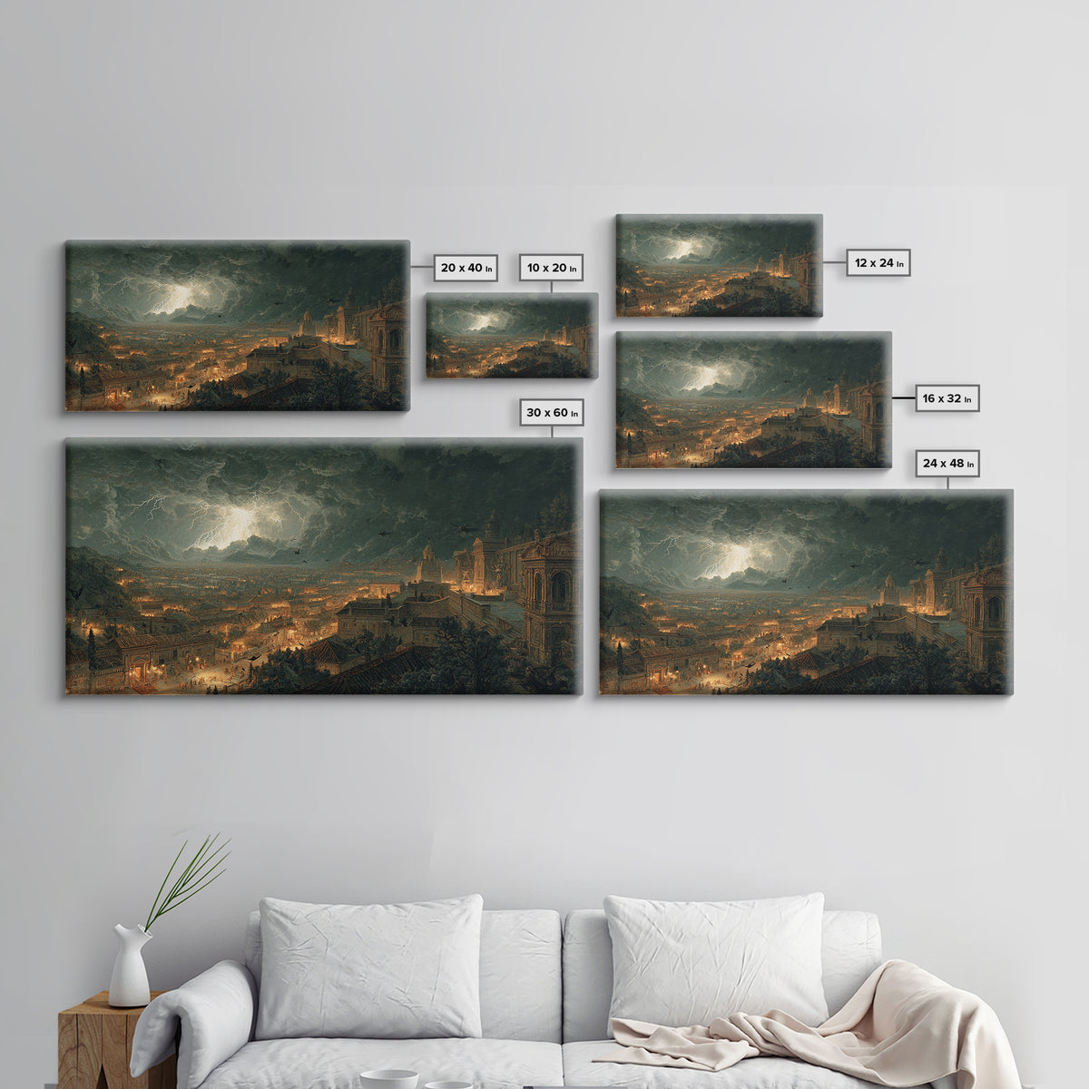 The Halloween Storm, Architectural Etching Art, Wide Panoramic Art, Dark Halloween Decor, Canvas Print, Halloween Wall Art