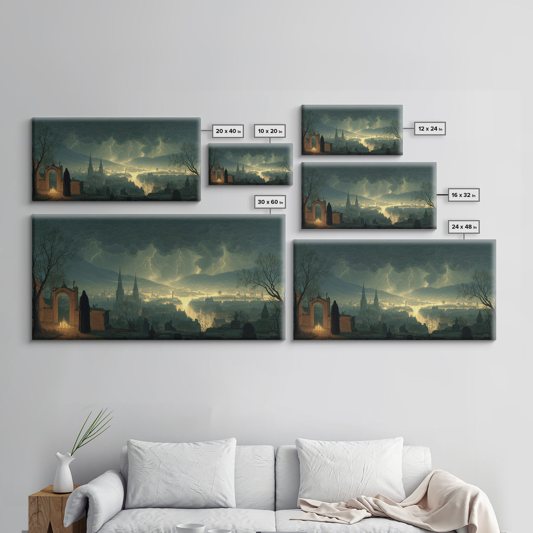 The Halloween Storm, Romantic Gothic Landscape, Wide Panoramic Art, Dark Halloween Decor, Framed Canvas Print, Halloween Wall Art