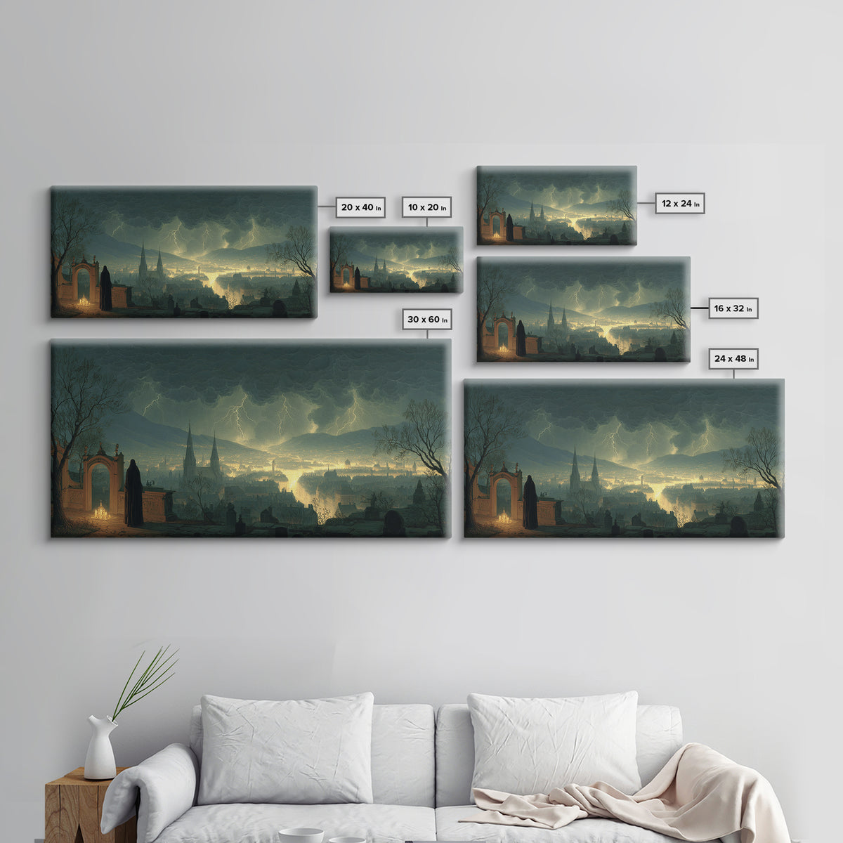 The Halloween Storm, Romantic Gothic Landscape, Wide Panoramic Art, Dark Halloween Decor, Framed Canvas Print, Halloween Wall Art