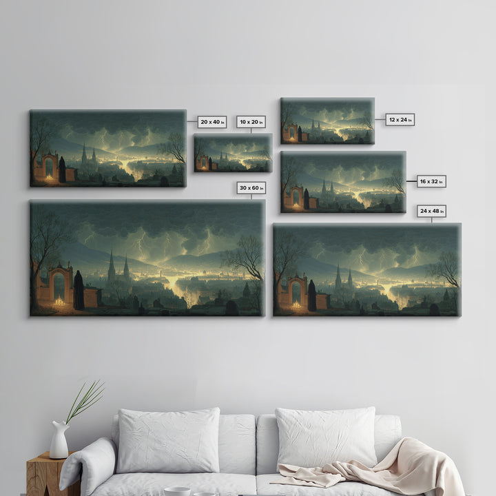 The Halloween Storm, Romantic Gothic Landscape, Wide Panoramic Art, Dark Halloween Decor, Framed Canvas Print, Halloween Wall Art