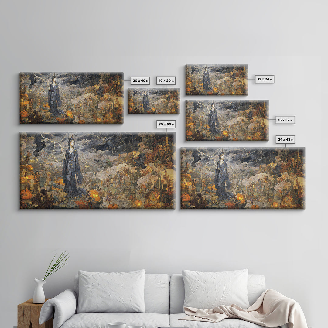 The Halloween Storm, Ornate Symbolist Art, Wide Panoramic Art, Macabre Wall Art, Canvas Print, Halloween Wall Art, Halloween Decor