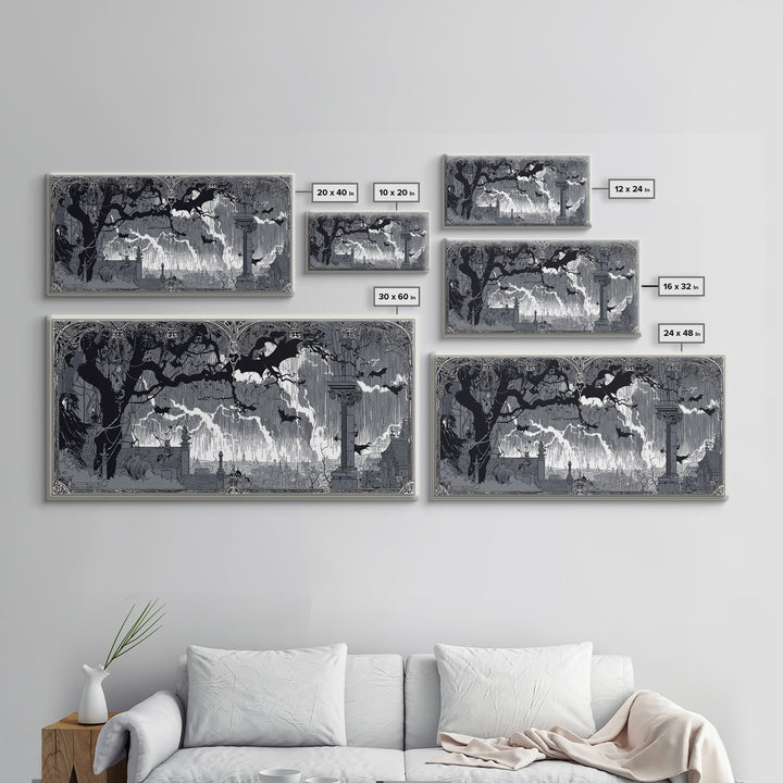 The Halloween Storm, Decadent Line Art, Wide Panoramic Art, Gothic Horror Wall Art, Framed Canvas Print, Halloween Wall Art