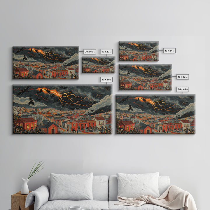 The Halloween Storm, Macabre Folk Print Art, Wide Panoramic Art, Dark Fantasy Wall Art, Framed Canvas Print, Halloween Wall Art