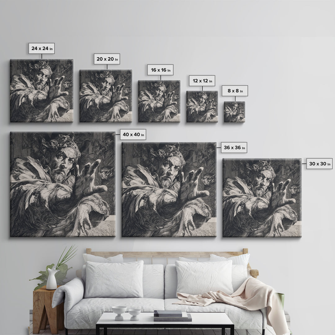 The Cursed Mirror, Renaissance Engraving Art, Square Wall Art, Gothic Horror Wall Art, Framed Canvas Print, Halloween Wall Art
