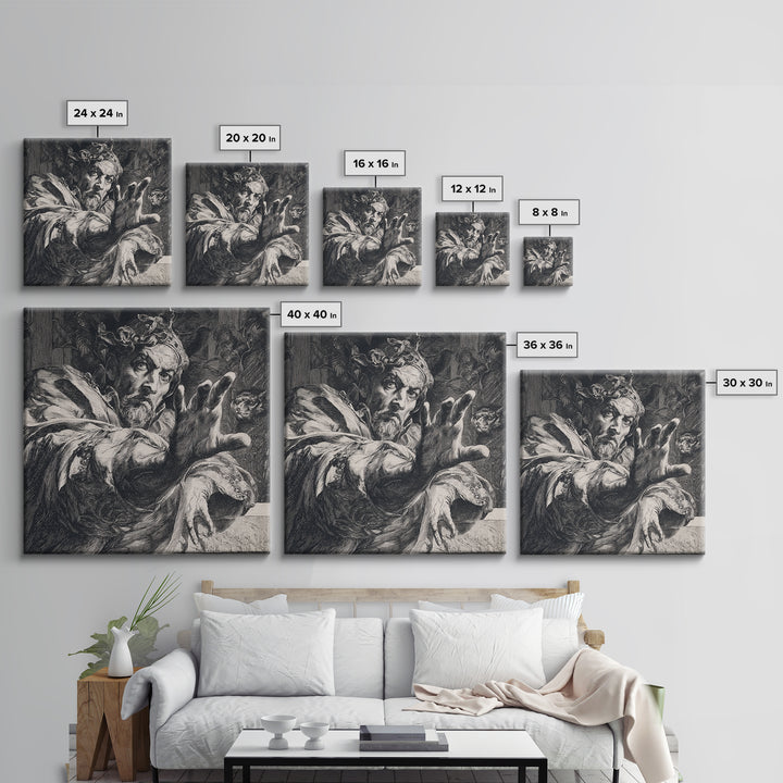 The Cursed Mirror, Renaissance Engraving Art, Square Wall Art, Gothic Horror Wall Art, Framed Canvas Print, Halloween Wall Art