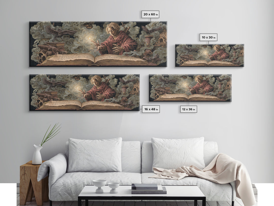 The Living Spellbook, Dark Renaissance Art, Extra Wide Wall Art, Dark Halloween Decor, Framed Canvas Print, Halloween Wall Art