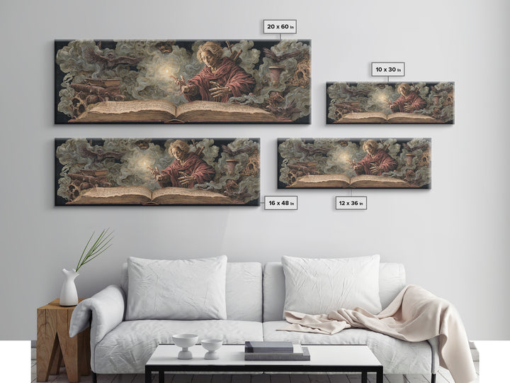 The Living Spellbook, Dark Renaissance Art, Extra Wide Wall Art, Dark Halloween Decor, Framed Canvas Print, Halloween Wall Art
