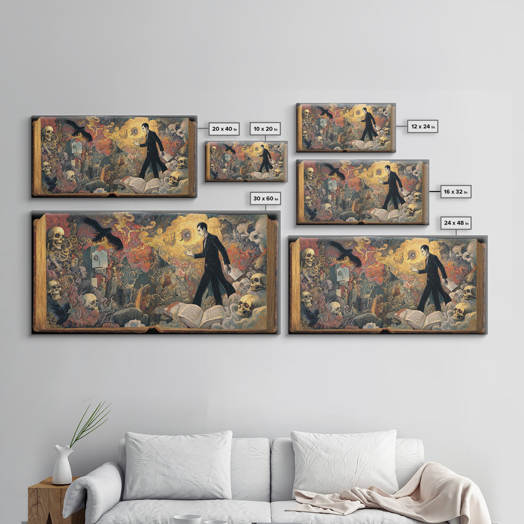 The Living Spellbook, Grotesque Carnival Art, Wide Panoramic Art, Dark Halloween Decor, Framed Canvas Print, Halloween Wall Art