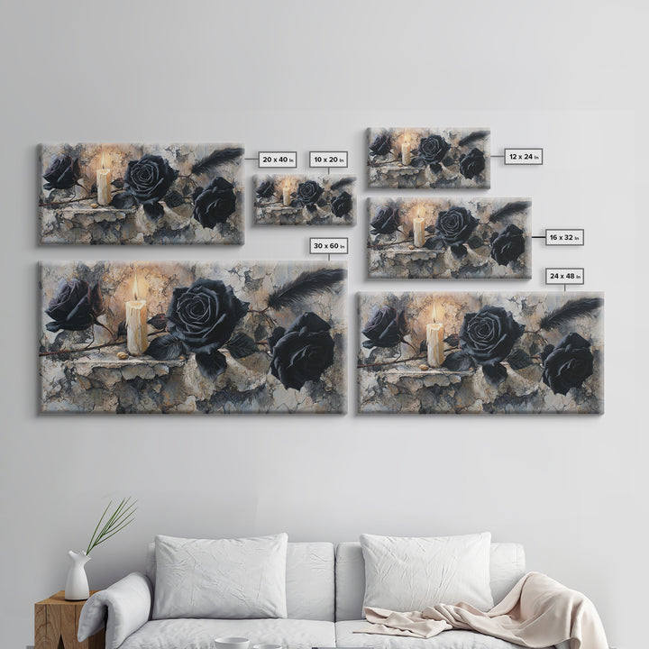 Black Roses Blooming from Cracked Stone Canvas Print, Dark Art, Textured Painting, Living Room Decor, Fine Art, Nocturne, DAR-2x1-22