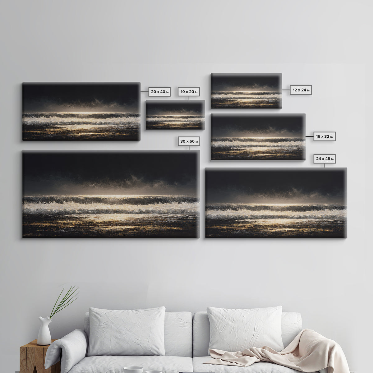 Stormy Sea under a Nearly Black Sky Framed Canvas Print, Dark Art, Digital Art, Living Room Decor, Fine Art, Nocturne, DAR-2x1-25